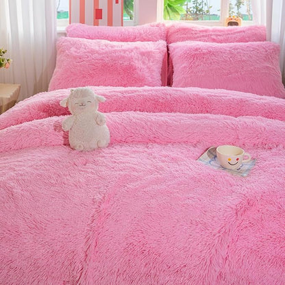 chovy Faux Fur Plush Pink Comforter Sets Full/Queen - Ultra Soft Shaggy Flannel Velvet Fluffy Fuzzy 3PC Bedding Sets （Comforter x 1 Pillowcases x 2）