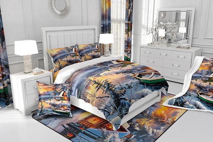 Winter Wood Cabin Comforter Set Full Size,Lake Boat and Mountain Scenery Bedding Set for Kids Teens Adult Room Decor,Snowflake Pine Tree Quilt Set Happy New Year Duvet Insert,2 Pillowcases