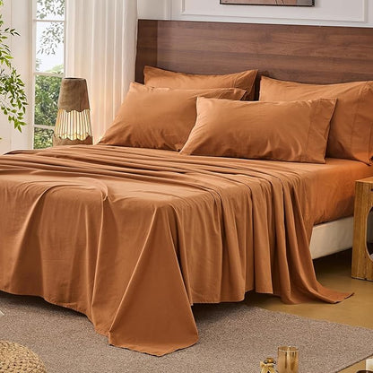 Bedlifes 100% French Pure Linen Sheets King Size Breathable and Cooling Flax Sheet Set Soft Durable and Moisture Wicking 16 Inch Deep Pocket-4 Piece(King,Brown)