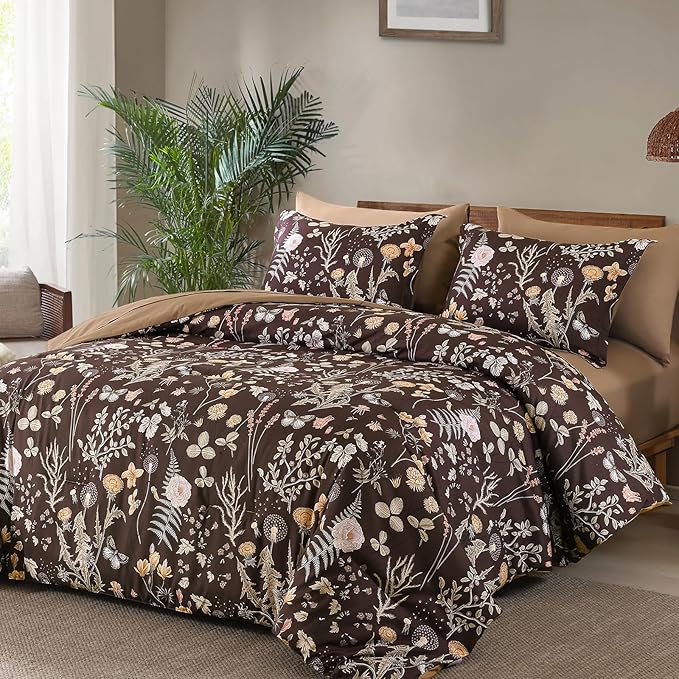 Yiran Brown Comforter Set King Size, 7 Piece Floral Comforter Bedding Set, Farmhouse Bed in a Bag, Soft Microfiber Complete Bedding Set with Sheets for All Season