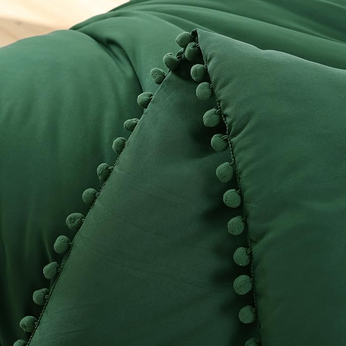 YIRDDEO Queen Comforter Set - Comforter Queen Size Sets with Ball Pom Fringe, Soft Bedding Set for All Seasons - 3 Pieces, 1 Comforter (90"x90") & 2 Pillow Shams (20"x26"), Emerald