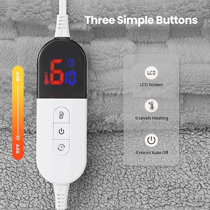 Heated Blanket, 50x60 Inch Electric Blanket, Throw Blanket with 6 Heat Settings and 1-4H Auto Off Timer, Machine Washable, Soft Flannel Fleece for Couches, Beds Office (Grey)