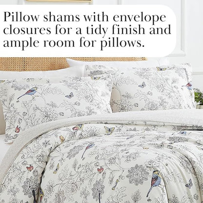 Southshore Fine Living, Inc. 3-Piece Cal King Comforter Set with 2 Pillowcases, Down Alternative Comforter Bedding, Soft Microfiber Fabric, California/King Size, Bayberry Bird and Floral Print