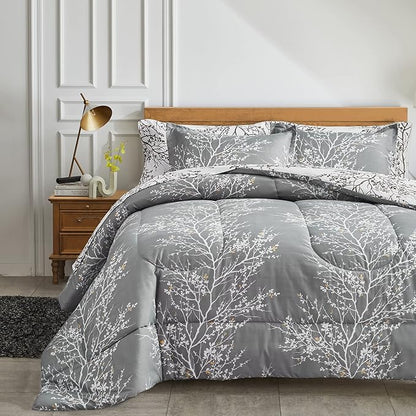UOZZI BEDDING Bed in a Bag 7 Pieces King Size Gray Branches with Yellow Dots - Soft Microfiber Reversible Bed Comforter Set (1 Comforter Pillow Shams 1 Flat Sheet 1 Fitted Sheet 2 Pillowcases)
