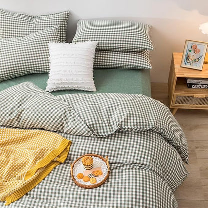 mixinni Green Gingham Comforter Set Queen, Plaid Comforter Set 3 Pieces 1 Green Grid Comfoter with 2 Pillow Cases for All Seasons, Soft Fluffy Modern Grid Pattern Printed Bedding-Queen Size