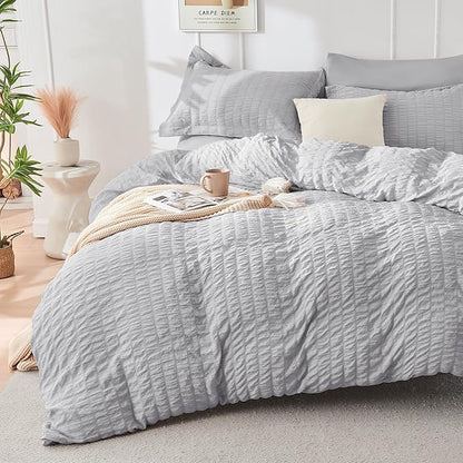 HYMOKEGE Light Grey Twin Comforter Set Seersucker 5 Pieces, All Season Luxury Bed in a Bag for Bedroom, Bedding Set with Comforters, Sheets, Pillowcase & Sham