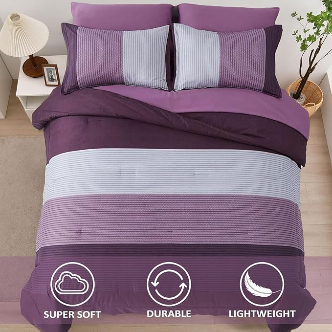 WONGS BEDDING Purple Comforter Sets King, Reversible Striped Patchwork Down Alternative Comforter for King Bed,3 Pieces (1Comforter+2 Pillowcase), Soft Microfiber Bedding Duvet Insert Set 104”×90”