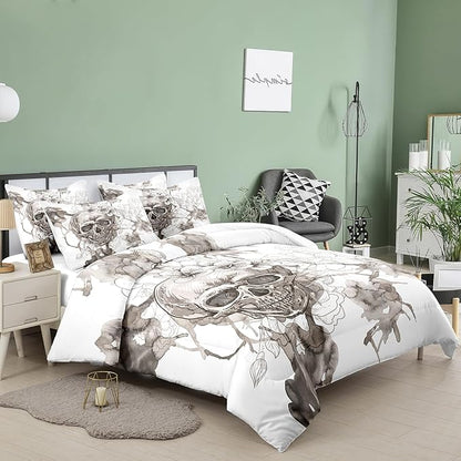Tailor Shop Skull Comforter Set Full Size, Gothic Fog Smoke Skull Skeleton Comforter Sets,Halloween Bedding Set, Grey Bedding Comforters for Young Man Boy Teens, with 1 Comforter 2 Pillowcases…
