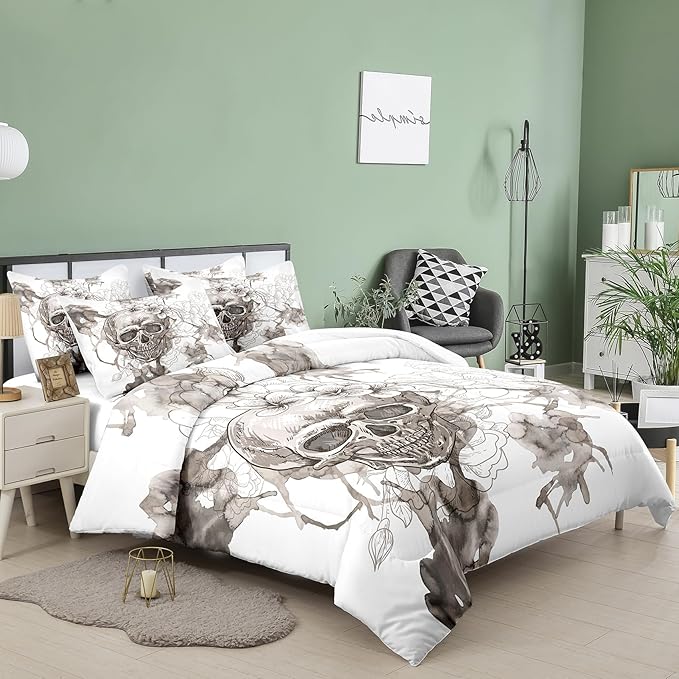Tailor Shop Skull Comforter Set King Size, Gothic Fog Smoke Skull Skeleton Comforter Sets,Halloween Bedding Set, Grey Bedding Comforters for Young Man Boy Teens, with 1 Comforter 2 Pillowcases…