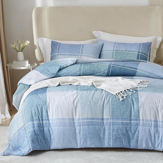 mixinni Full Comforter Set for Boys Simple Style Modern Geometric Blue Checkered Plaid Printed Cofmorter for All Season,1 Lightweight Comfroter and 2 Pillow Shams-Full Size