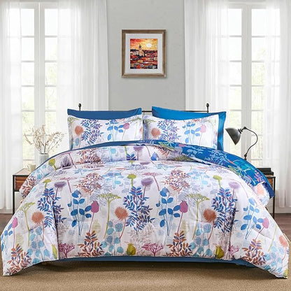 Anibedding Full Size Comforter Set, Blue Botanical Bed in a Bag Complete Set with Sheet Pillowcase for Kid's Bedroom All Season