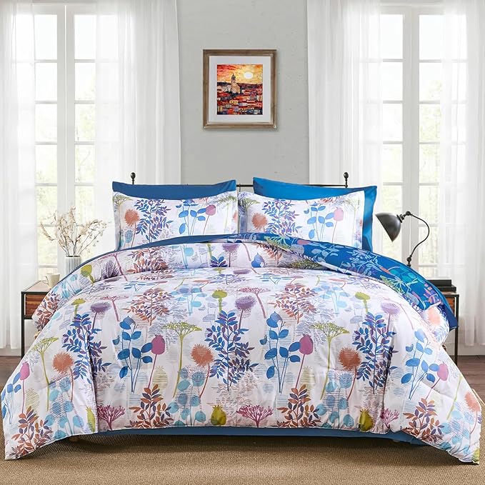 Anibedding 7Pieces Queen Comforter Set, Blue Botanical Bed in a Bag Complete Set with Sheet Pillowcase for Bedroom All Season