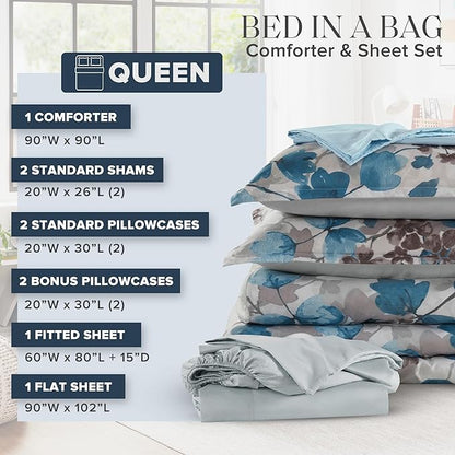 Madison Park Queen Comforter Set with Sheets, Floral Bed in A Bag Soft Microfiber Comforter for Queen Size Bed, All Season Lightweight Comforters Queen Bed Set, Alexis, 9 Piece Blue