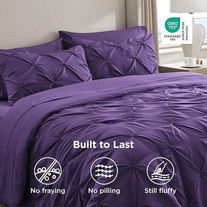 Bedsure King Size Comforter Set Purple - Bed in a Bag Bedding Set 7 Pieces, GentleSoft™ Pintuck Bed Set Gift for Family, Pinch Pleat Purple Comforter with Sheets, Pillowcases & Shams