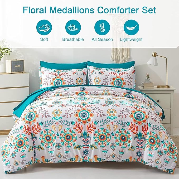 Boho Comforter Set Twin - 5 Pieces Bed in a Bag Floral Medallions Design, Bohemian Comforter Set with Sheets, Soft Microfiber Complete Bedding Sets All Season (Teal Blue, Twin)
