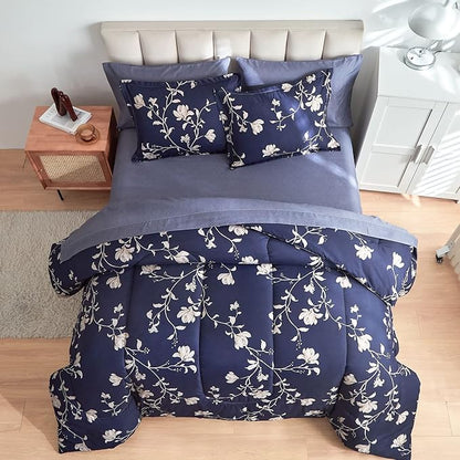 AIKASY Bed in a Bag Queen Comforter Set，7 Pieces Floral Comforter Set Bedding Sets with (1 Comforter, 2 Pillow Shams, 1 Flat Sheet, 1 Fitted Sheet, 2 Pillowcases) (Navy, Queen)