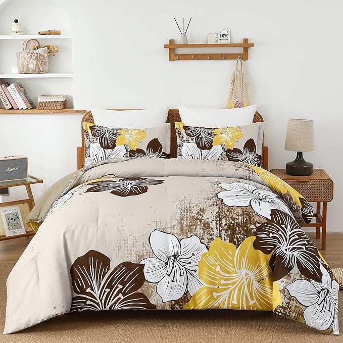Menghomeus Brown Floral Comforter Set Queen Ombre Brown Bedding Lightweight Microfiber Bed Comforter for All Season, 3 Piece Flowers Comforter with 2 Pillowcases