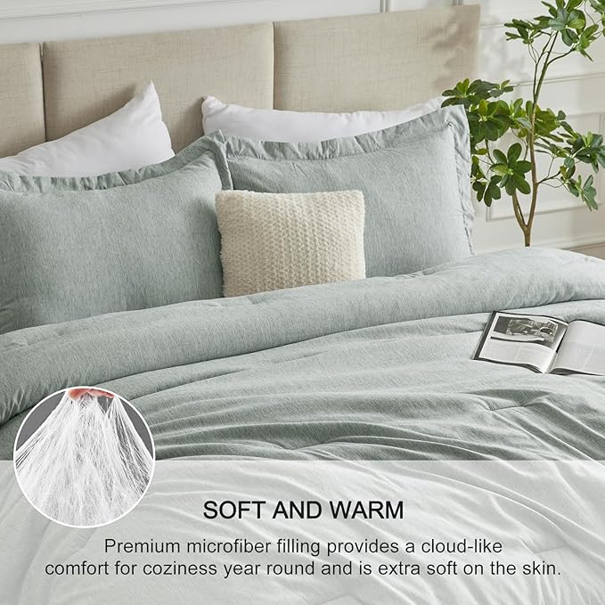 CozyLux Queen Size Comforter Set - 3 Pieces Sage Green Soft Luxury Cationic Dyeing Bedding Comforter for All Season, Breathable Lightweight Fluffy Boho Bed Sets with 1 Comforter and 2 Pillow Shams