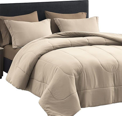 Maple&Stone King Size Comforter Set 7 Pieces Bed in a Bag - Down Alternative Bed Set with Sheets, Pillowcases & Shams, Soft Reversible Duvet Insert for King Bed, Beige