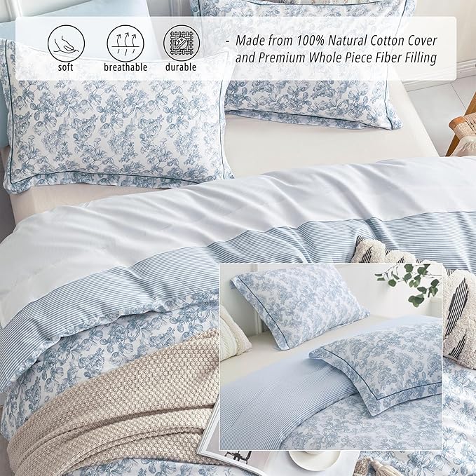 Vintage Cotton Comforter King Size 3Pcs - Elegant Pale Slate Blue Floral Pattern on White with Light Blue & White Striped Reverse, Luxurious Lightweight Bedding Sets with Soft Fill(104"×90")