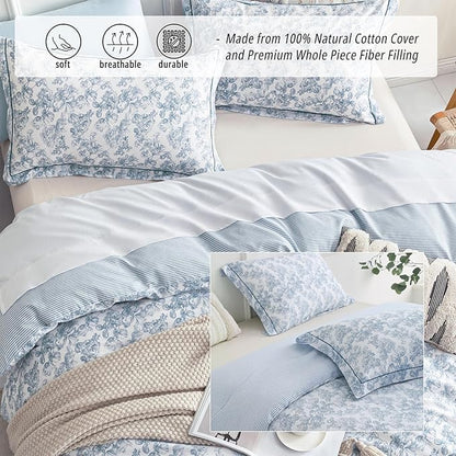 Vintage Cotton Comforter Queen Size 3Pcs - Elegant Pale Slate Blue Floral Pattern on White with Light Blue & White Striped Reverse, Luxurious Lightweight Bedding Sets with Soft Fill(90"×90")