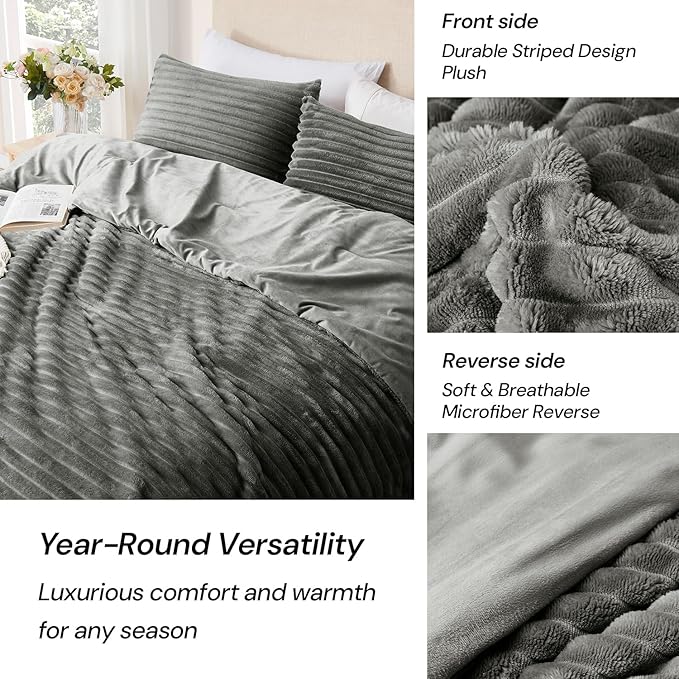 Geniospin Fleece King Size Comforter Set, Soft Fuzzy Fleece King Bedding Set, 3-Pieces Grey Comforter Set for All Season, Warm Fluffy Comforter with 2 Pillow Cases