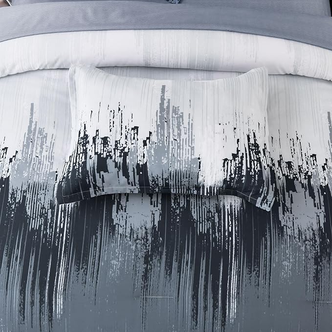 WONGS BEDDING Comforter Set King, Blue 7 Pieces Bed in a Bag Abstract Art Gradient Comforter Dusty Blue Soft Microfiber Bedding with Comforter, Flat Sheet, Fitted Sheet, Pillow Shams,Pillowcases
