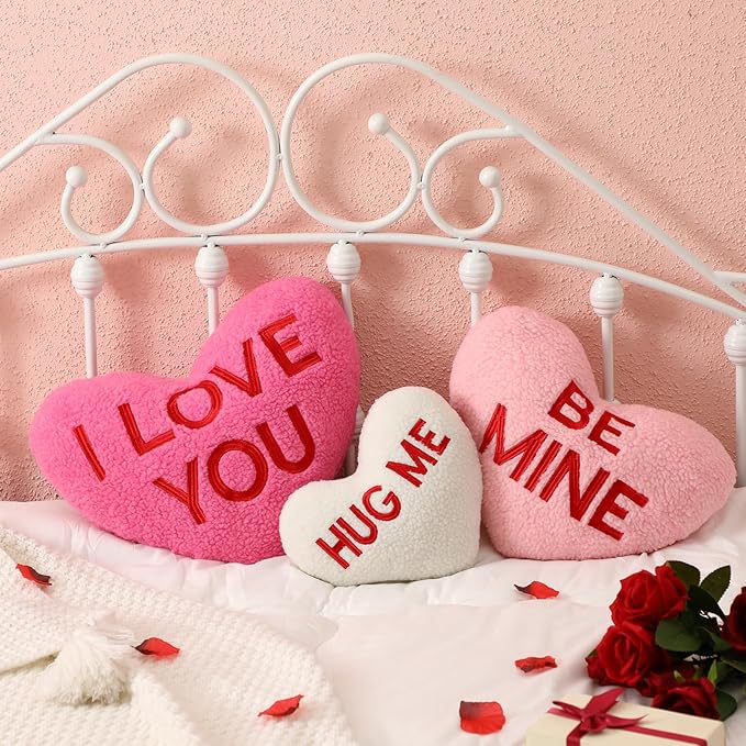 3 Pieces Sherpa Valentine‘s Day Heart Shaped Decorative Throw Pillow Red Pink Fluffy Love Decorative Cute Throw Pillows Aesthetic Coquette Room Decor for Gift Bed Sofa Couch (Printed Heart)