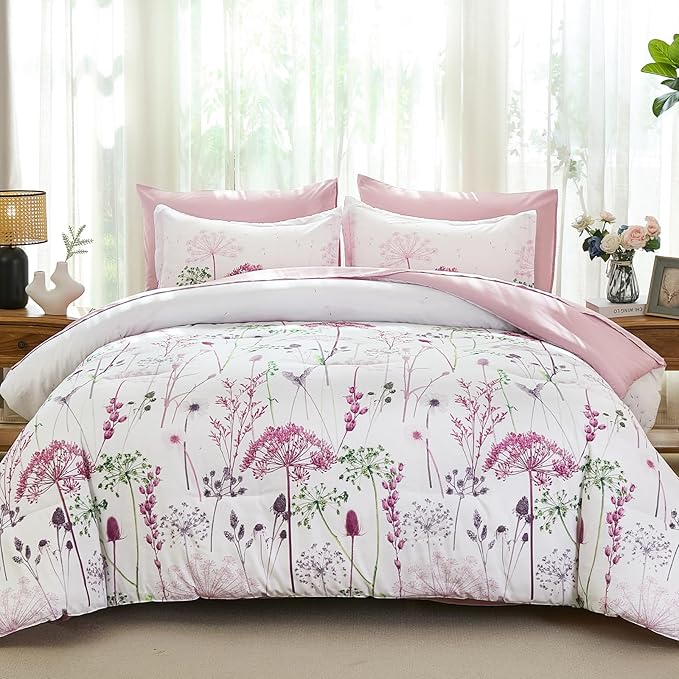 Yiran Pink Comforter Set Queen, 7 Piece Dandelion Floral Bedding Set, Botanical Bed in a Bag Queen, Soft Microfiber Complete Bedding Set with Comforter, Sheets, Pillowcases & Shams