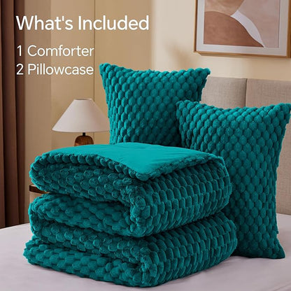 BEDELITE Fluffy Queen Comforter Set - Teal Fleece Soft Comforter for Queen Size Bed, Luxury Warm Bedding Set for Winter, Fuzzy Bed Set 3 Pieces (1 Comforter, 2 Pillowcases)