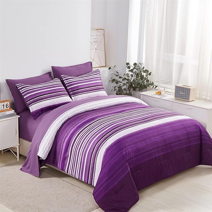 KAKIJUMN 5 Piece Bed in a Bag Stripe Comforter Set Twin Size, White and Purple Patchwork Striped Comforter and Sheet Set, All Season Soft Microfiber Complete Bedding Sets(Purple,Twin)