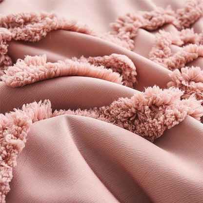 Blush Pink Tufted Comforter Set Queen Size 7 Piece Bed in a Bag, Shabby Chic Boho Comforter and Sheet Set, Pom Pom Textured Bed Set, All Season Soft Microfiber Complete Bedding Set(Pink,Queen)