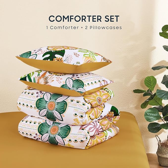 Wake In Cloud - Boho Comforter Set, Floral Farmhouse Botanical Western Style with Colorful Flowers and Tropical Leaves, Soft Lightweight Bedding, 3 Pieces, Amber Gold, Queen Size
