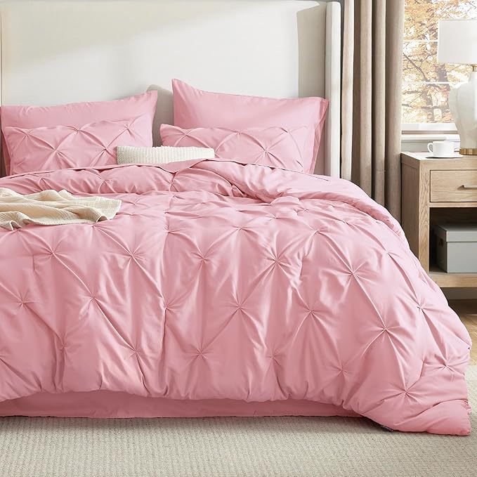 Bedsure Queen Comforter Set Baby Pink - Bed in a Bag Queen Size Bedding 7 Pieces, GentleSoft™ Pintuck Bed Set Gift for Family, Pinch Pleat All Season Comforter with Sheets, Pillowcases & Shams