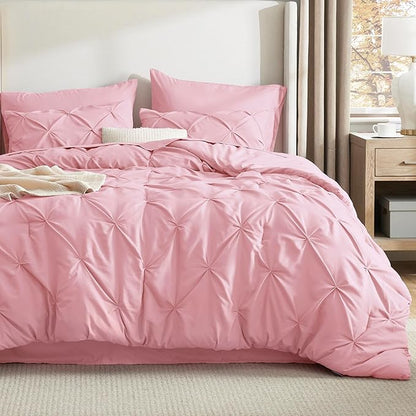 Bedsure Full Comforter Set Baby Pink - Bed in a Bag Full Size Bedding Set 7 Pieces, GentleSoft™ Pintuck Bed Set Gift for Family, Pinch Pleat All Season Comforter with Sheets, Pillowcases & Shams