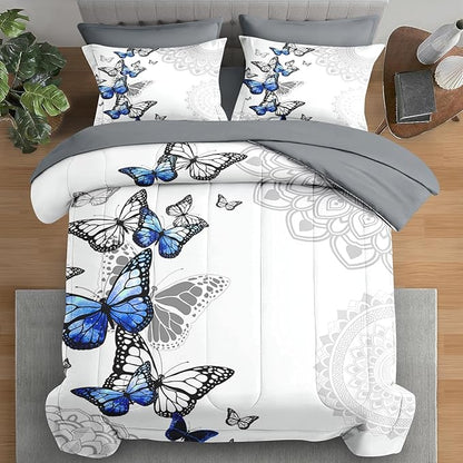 Comforter Set Twin Size, Summer Spring Blue Butterfly 5 Pcs Bedding for Kids and Adults, Abstract Mandala Floral Bed Sheet Sets with Fitted Sheet Pillowcase & Sham for Bedroom Bed Decor