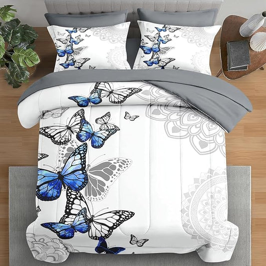 Comforter Set Twin Size, Summer Spring Blue Butterfly 5 Pcs Bedding for Kids and Adults, Abstract Mandala Floral Bed Sheet Sets with Fitted Sheet Pillowcase & Sham for Bedroom Bed Decor