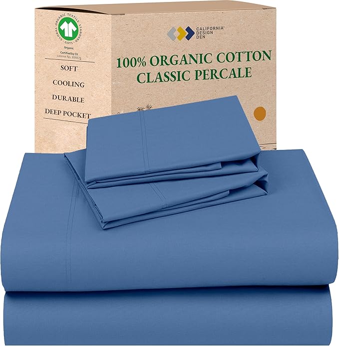 California Design Den California King Sheets Set - Soft 100% Organic Cotton, Crisp and Cool Percale, Deep Pocket Organic Sheets with Anti-Skid Elastic, Breathable and Durable Bedding - Riviera Blue