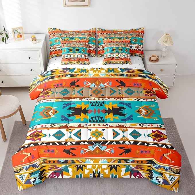 Aztec Bed in a Bag King Size Comforter Set 7 Pieces,Vintage Geometric Bedding Sets Exotic Nordic Western Sheet Set with Comforter
