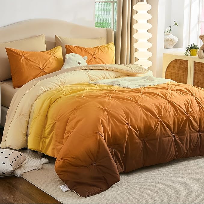 Dinjoy Ombre Comforter Set Twin Size, 5-Piece Bed in a Bag for Kid Teen, Pintuck Colorful Rainbow Bedding Sets with Comforter, Flat Sheet, Fitted Sheet and Pillowcases & Shams, Orange