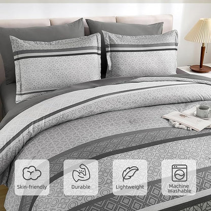 WONGS BEDDING Grey Comforter Set Queen Size, 7 Pieces Striped Bed in a Bag Comforter and Sheet Set, Bohemian Soft Lightweight Micorfiber Bedding Set for All Seaon (90"×90")