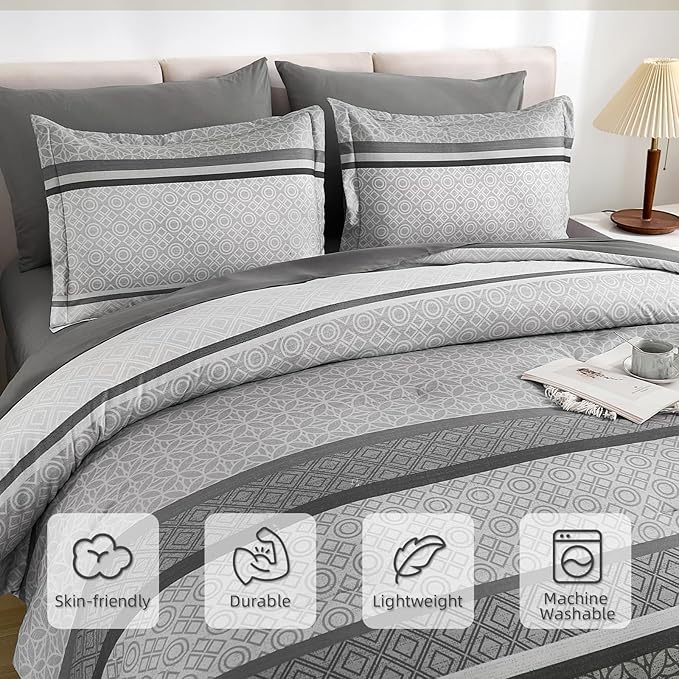 WONGS BEDDING Grey Comforter Set King Size, 7 Pieces Striped Bed in a Bag Comforter and Sheet Set, Bohemian Soft Lightweight Micorfiber Bedding Set for All Seaon (90"×104")
