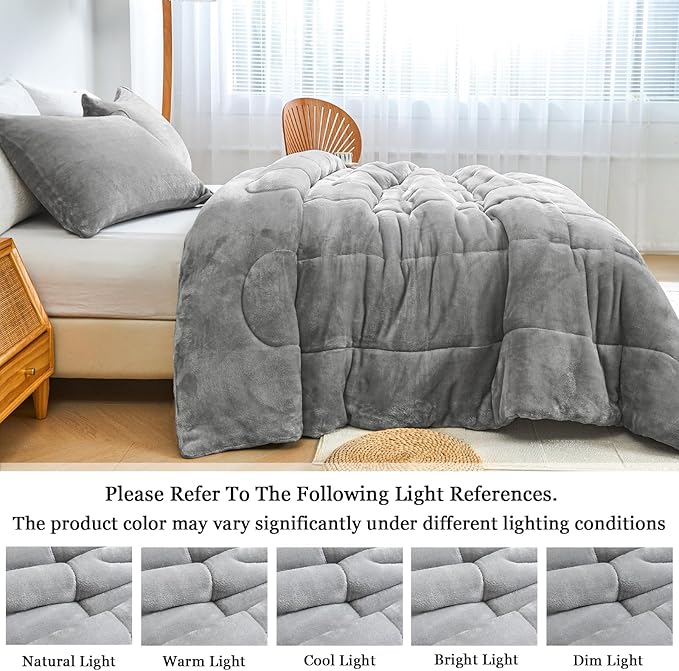 Faux Fur Comforter Set, Ultra Soft Warm Plush Velvet Comforter, Fluffy Fuzzy Fleece Bedding Comforter Sets for Fall Winter, No Shedding, 3PC, Queen Size, Light Grey