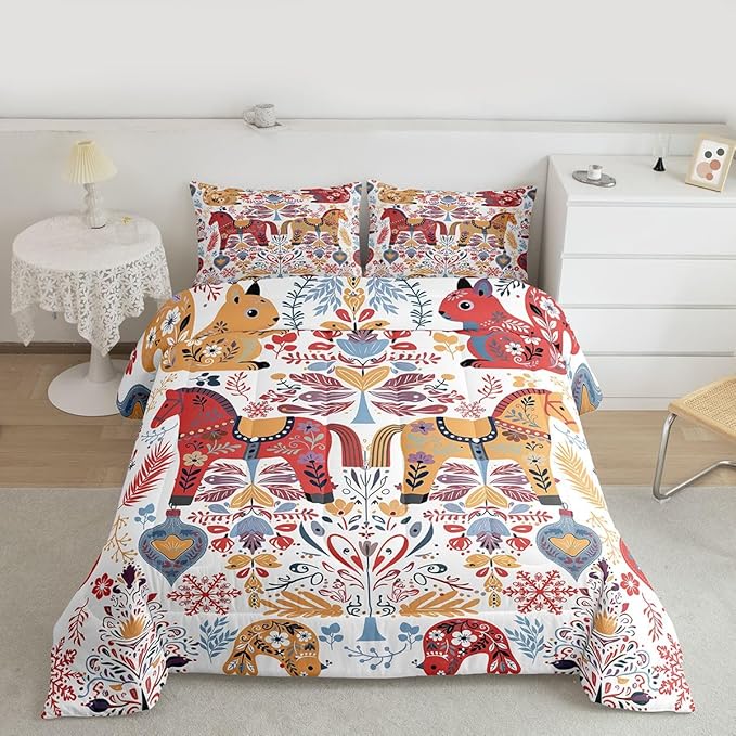 Bohemian Horse Comforter Set King Size,Floral Bird Squirrel Bedding Sets 3Pcs for Kids Girls Boys Women Room Decor,Christmas Bells Snowflake Quilted Duvet Scandinavian Art Down Comforter,2 Pillowcases