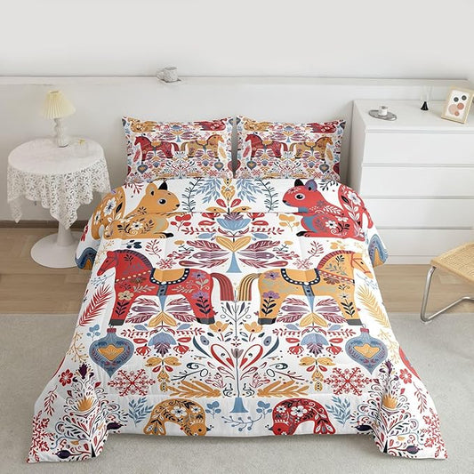 Bohemian Horse Bedding Sets Twin Size,Floral Bird Squirrel Comforter Set 2Pcs for Kids Girls Boys Women Room Decor,Christmas Bells Snowflake Quilted Duvet Scandinavian Art Down Comforter,1 Pillowcase