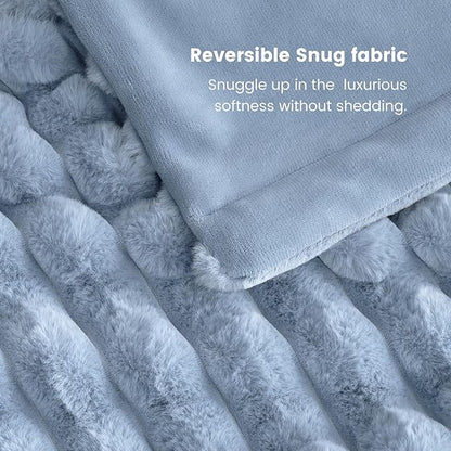 Cozy Bliss Faux Fur Throw Blanket for Couch, Cozy Warm Plush Striped Blanket for Sofa Bedroom Living Room, 90 * 90 Inches Light Blue