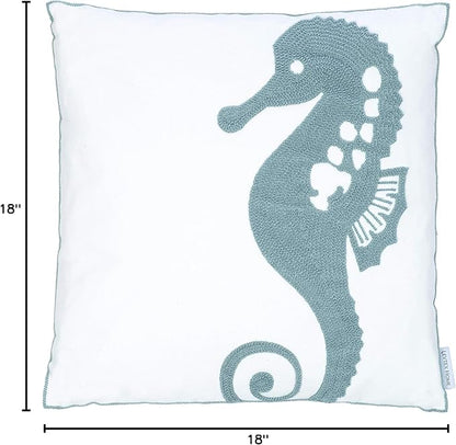 Levtex Home - Blue Maui - Decorative Pillow (18 x 18in.) - Embroidered Seahorse - Teal and White