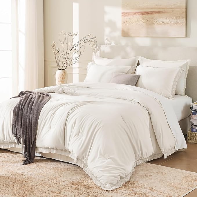 Andency Twin Comforter Set Beige, 2 Pieces Boho Tassel Kids Comforter Sets for Boys Girls Teens, Soft All Season Bedding Comforter Set (66x90In Comforter & 1 Pillowcase)