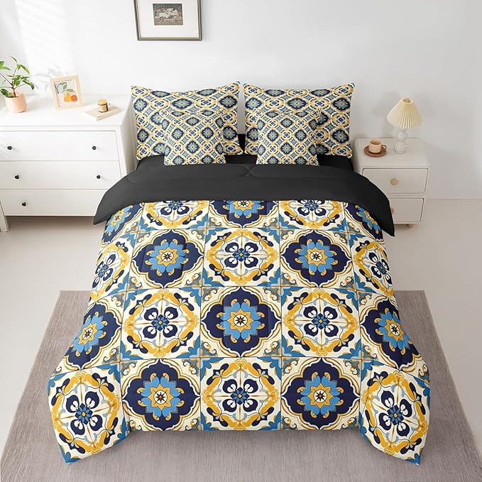 Erosebridal Oriental Bedding Set Vintage Full Comforter Set 7-Piece, Art Deco Patchwork Bedding Comforter Sets Colorful Buffalo Bed in a Bag, Geometric Plaid Grid Bed Sheets Set Exotic Style Decor