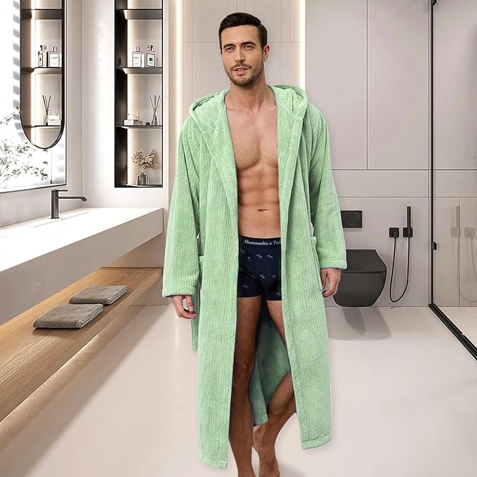 Men's Bathrobes with Hood, Soft Long Towel Robe for Men - Super Absorbent Quick Dry yet Warm